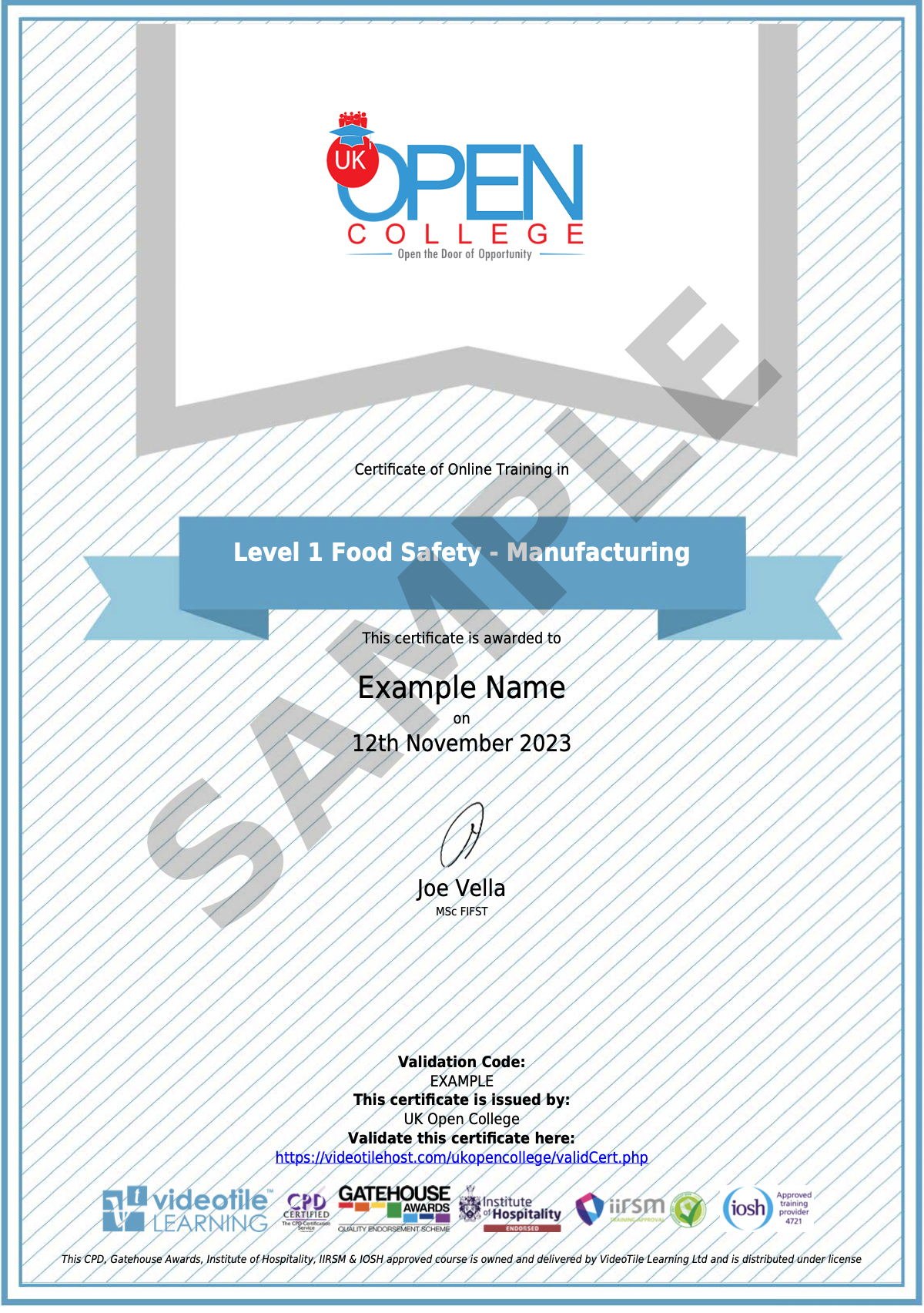 Food Safety Level 1 Sample Certificate